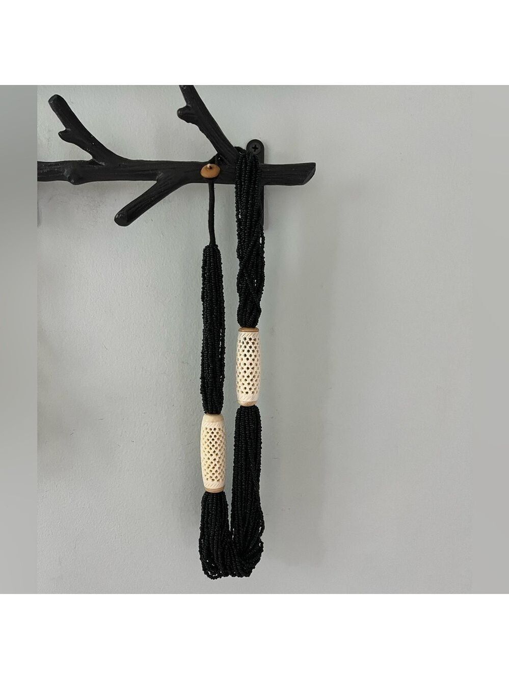 Vintage Black multi strand beaded necklace with carved beads